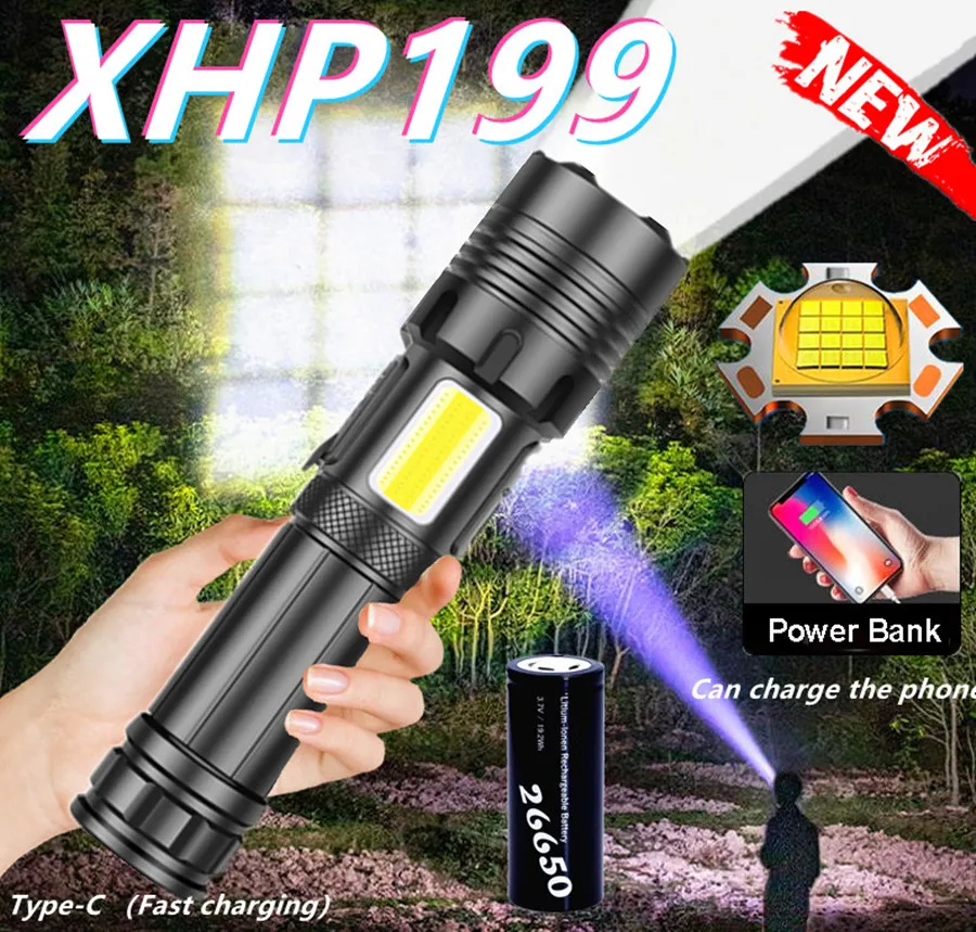 

2022 New High Powerful Rechargeable Tactical Led Flashlight 26650 XHP199 Zoom Hand Lamp 26650 Battery For Camping Hunting