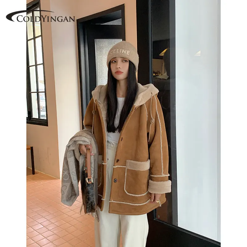 COLDYINGAN Winter New Women Jacket Coat Lamb Wool Hooded Fur Hooded Coat Women's Medium Long Coat Loose Female Top Chic Outwear