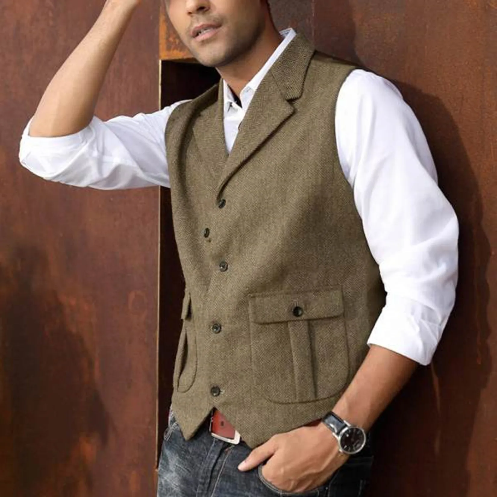 Мужской твидовый костюм с 5 пуговицами повседневный жилет в викторианском стиле