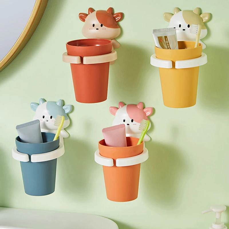 

Cartoon Animal Toothbrush Holder Punch-Free Bathroom Wall-Mounted Mouthwash Cup Comb Toothpaste Tube Suspension Storage Rack