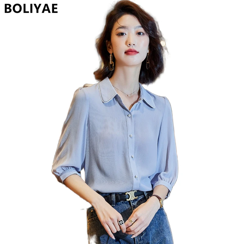 2022 Style Luxury Plus Size OL Office Women Tops and Blouse Vintage Long Sleeve Chiffon Tops Elegant Summer Short Sleeve Blouses