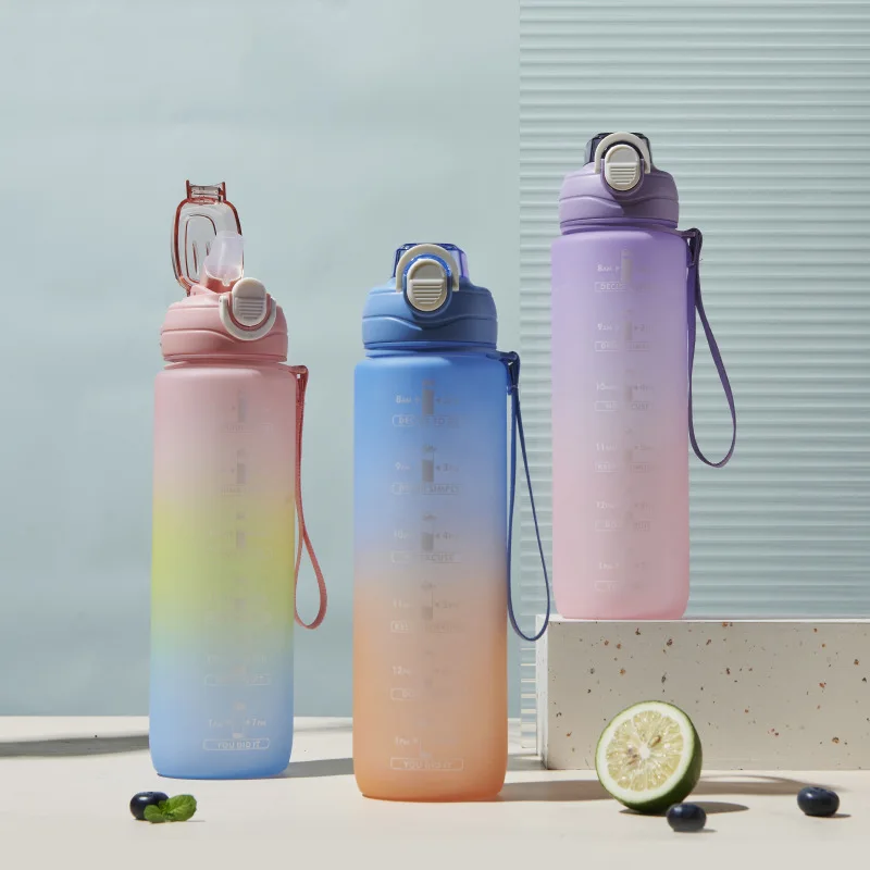 

Бутылка для воды объемом 1 л, соломенная чашка, градиентный цвет, фотографический маркер времени, уличная Спортивная бутылка для путешестви...