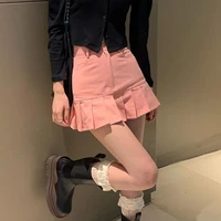 pink cute girl kawaii denim skirt women sexy high waisted slim pleated mini skirts for girls summer korean harajuku streetwear