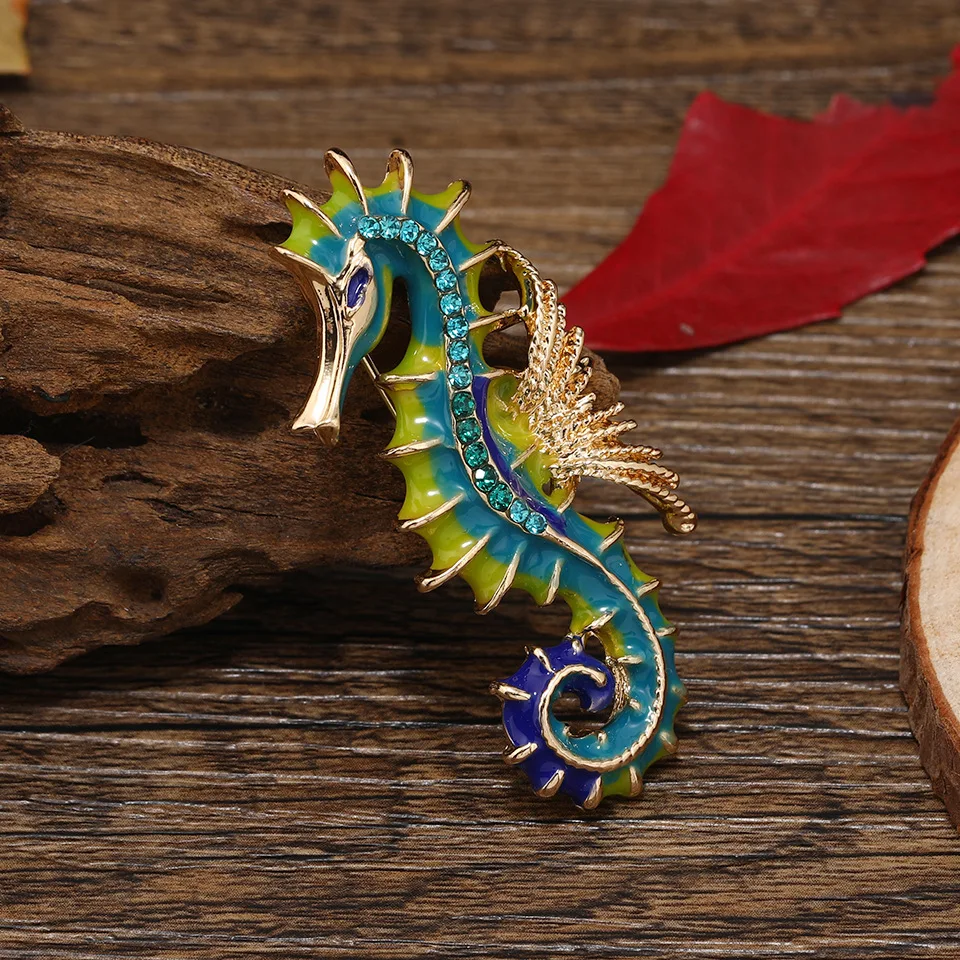 

Vintage Enamel Inlaid Rhinestone Seahorse Brooch Pins for Women Man Trendy Colorful Animal Brooches Jewelry Gifts Dropshipping