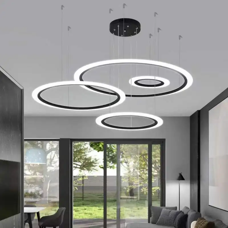 

Postmodern LED Warm White Dimmable Ring Black Metal Acrylic Living Room Pendant Light Simple Combination 40cm80cm100cm Fixture