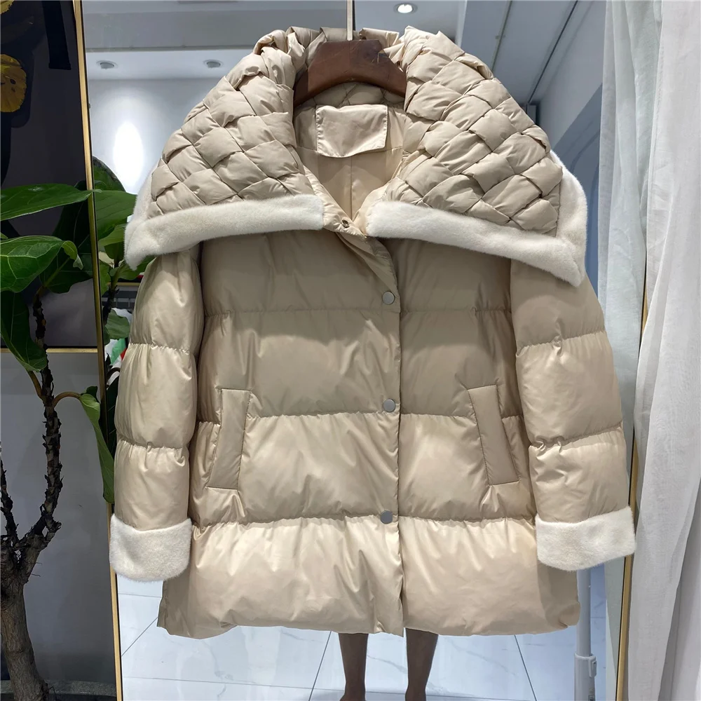 

Down Winter New Jacket Midi For Women Thickened Stitched Imitation Mink Fur Fashion Lapel Warm Down Parka Female Outwear Y3123