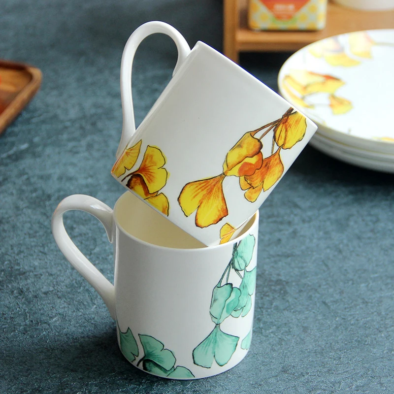 

Ceramic Mug Set Bone China Coffee Mug Large White Coffee Cup Tea Mug with Leaf Deal Cute Couple Mug Friends Gift Drinkware