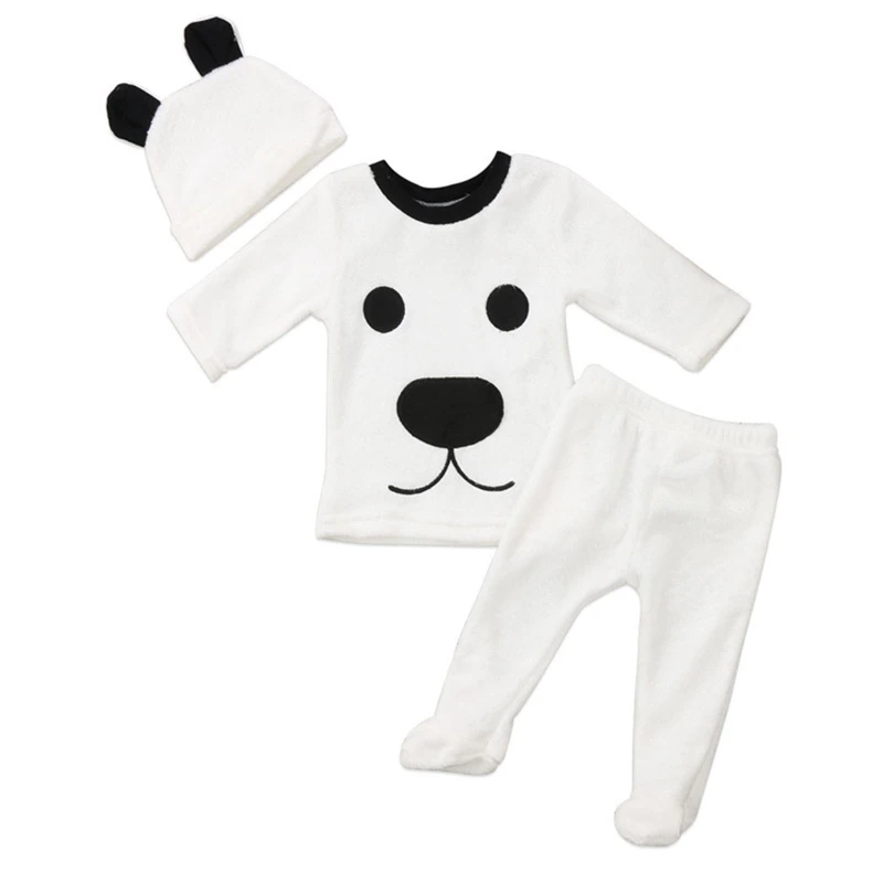 

425F 3 Pcs Long Sleeve Fleece Bear Pullover Tops Wrap Foot Pants Hat Set for 0-24 Months Baby Boys Girls Warm Winter Clothes