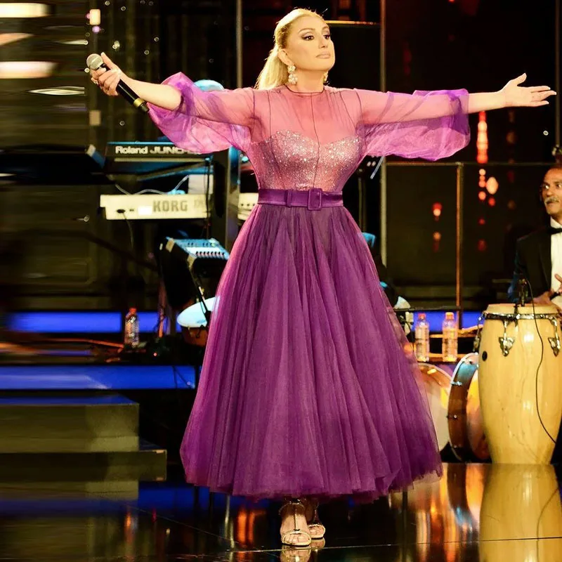 

Потрясающие фиолетовые арабские платья Дубаи для выпускного вечера, пышная юбка с круглым вырезом и длинным рукавом, вечернее платье до щик...