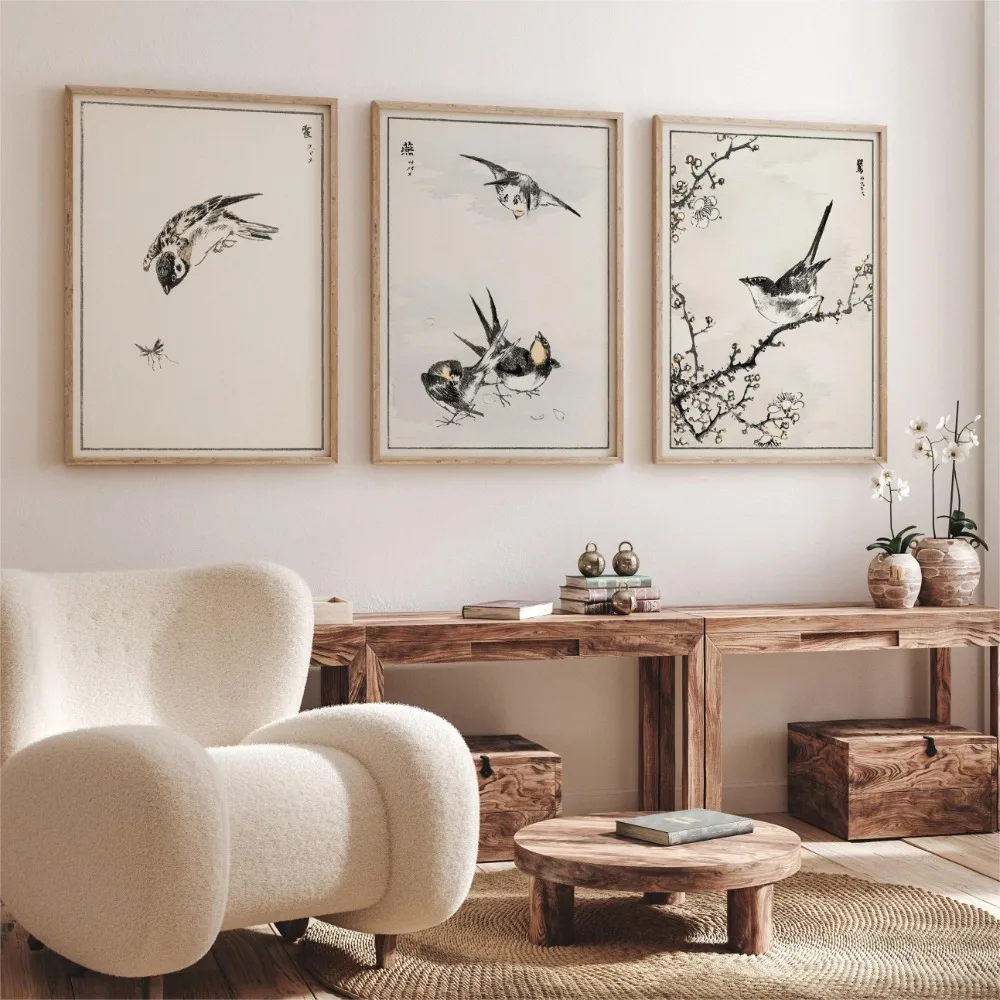 Минималистичные черно-белые плакаты ласточки на канве