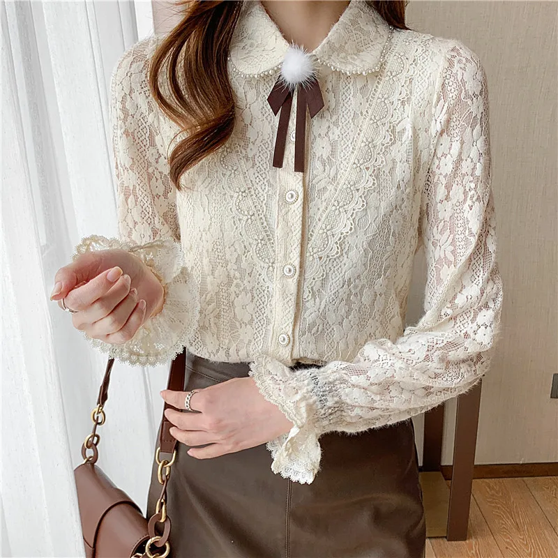 

Chiffon Women's Blouse Lace Girl's Shirt Casual Top Spring Solid Loose New Fashion Summer Full Female Clothing