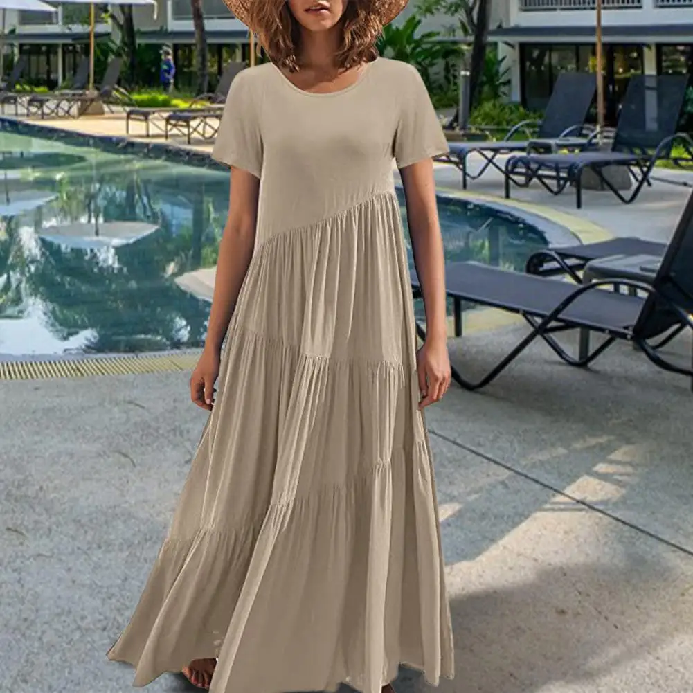 

Женское платье с коротким рукавом, однотонное Плиссированное Повседневное платье свободного покроя с круглым вырезом, лето 2022