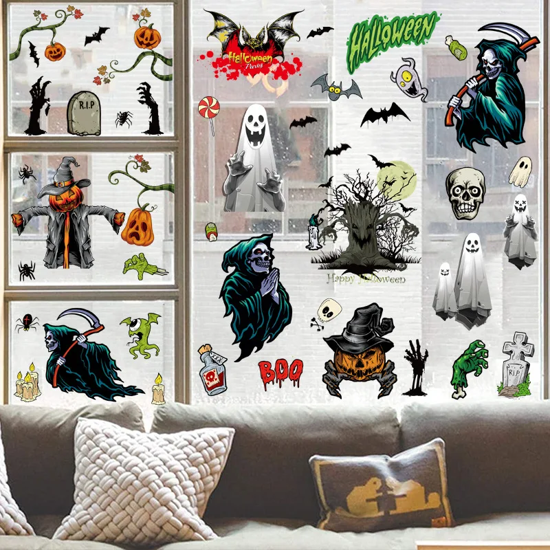 

9pcs Halloween Party Decoration Wall Stickers Witch Pumpkin Bat Spider Window Electrostatic Stickers Scary Party Hallow Decor