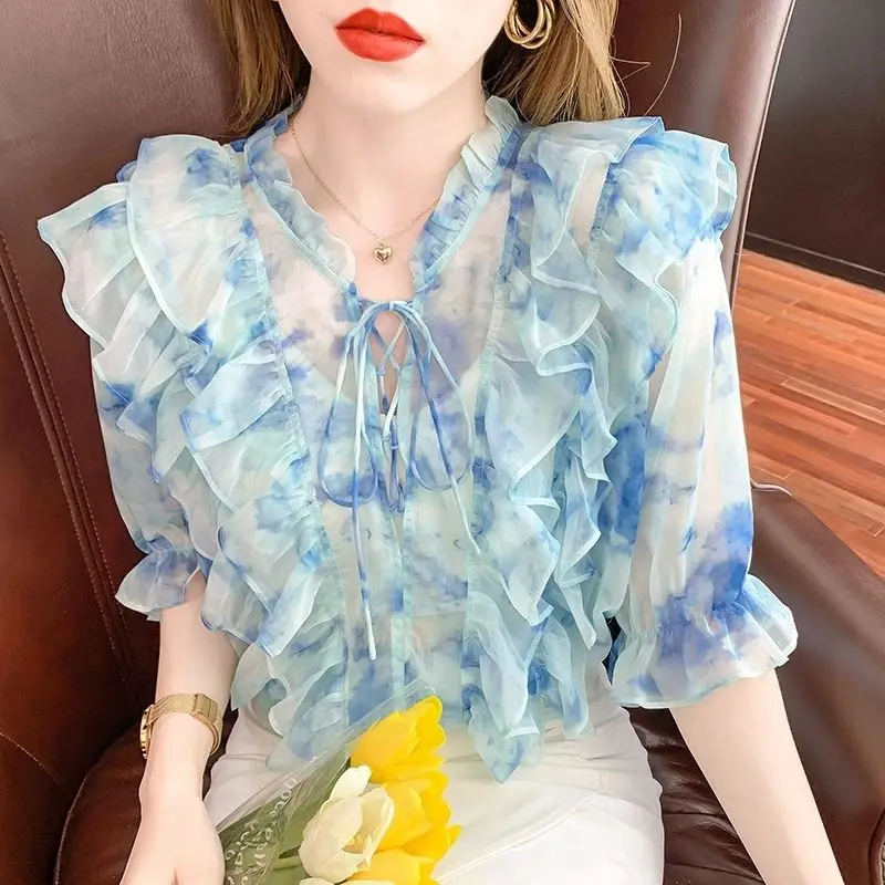 Elegant Ruffle Print Chiffon Shirt Tops Summer New V Neck Half Sleeve Loose Lacing Blouse Fashion Temperament Women Clothing