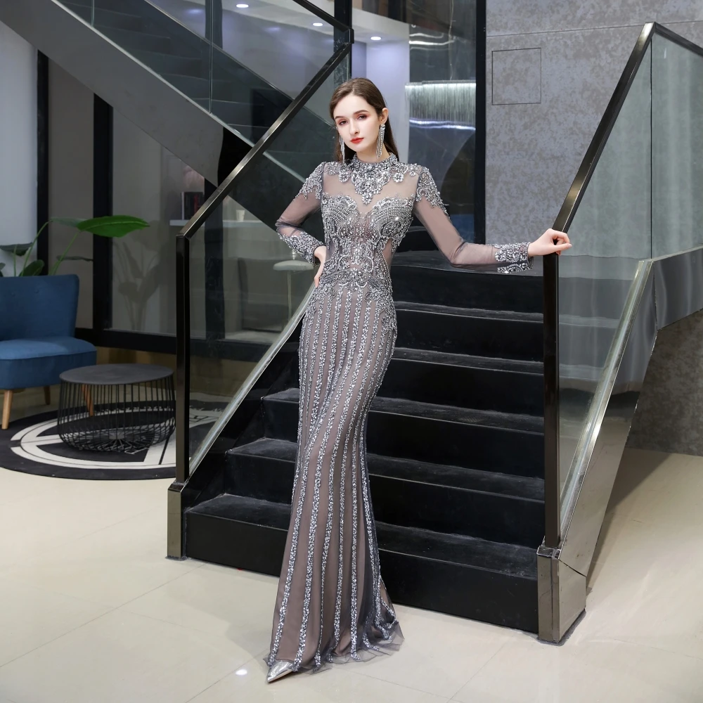 

Luxury 2023 Scoop Cocktail New Formal Full Sleeve Evening Applique Party Backless Lady Tulle Gown Floor Length Prom Dress