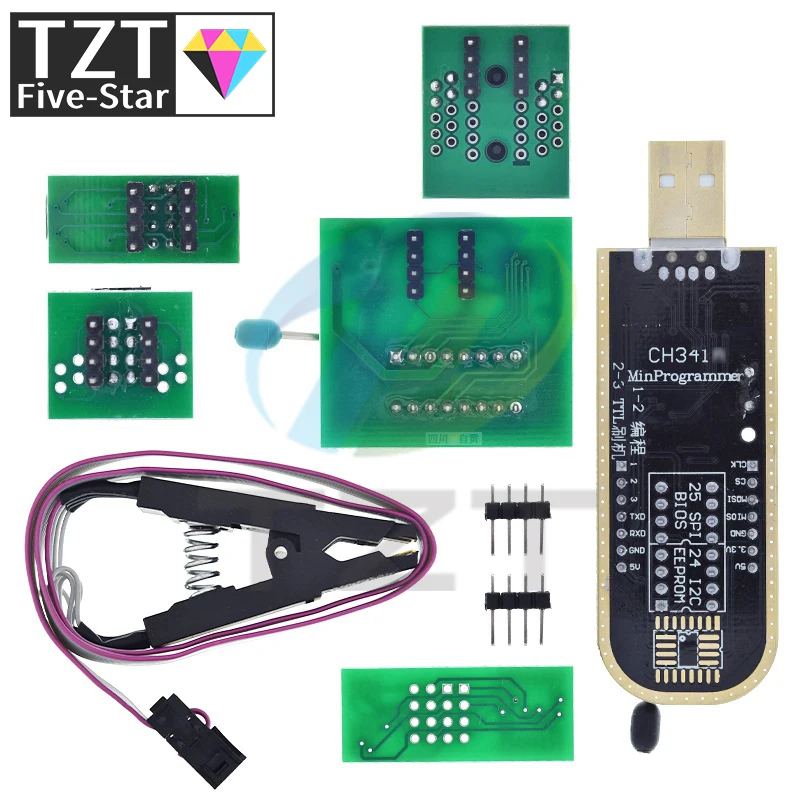Программатор TZT CH341A CH341B 24 25 Series EEPROM модуль USB-программатора с флэш-BIOS + зажим SOIC8 SOP8