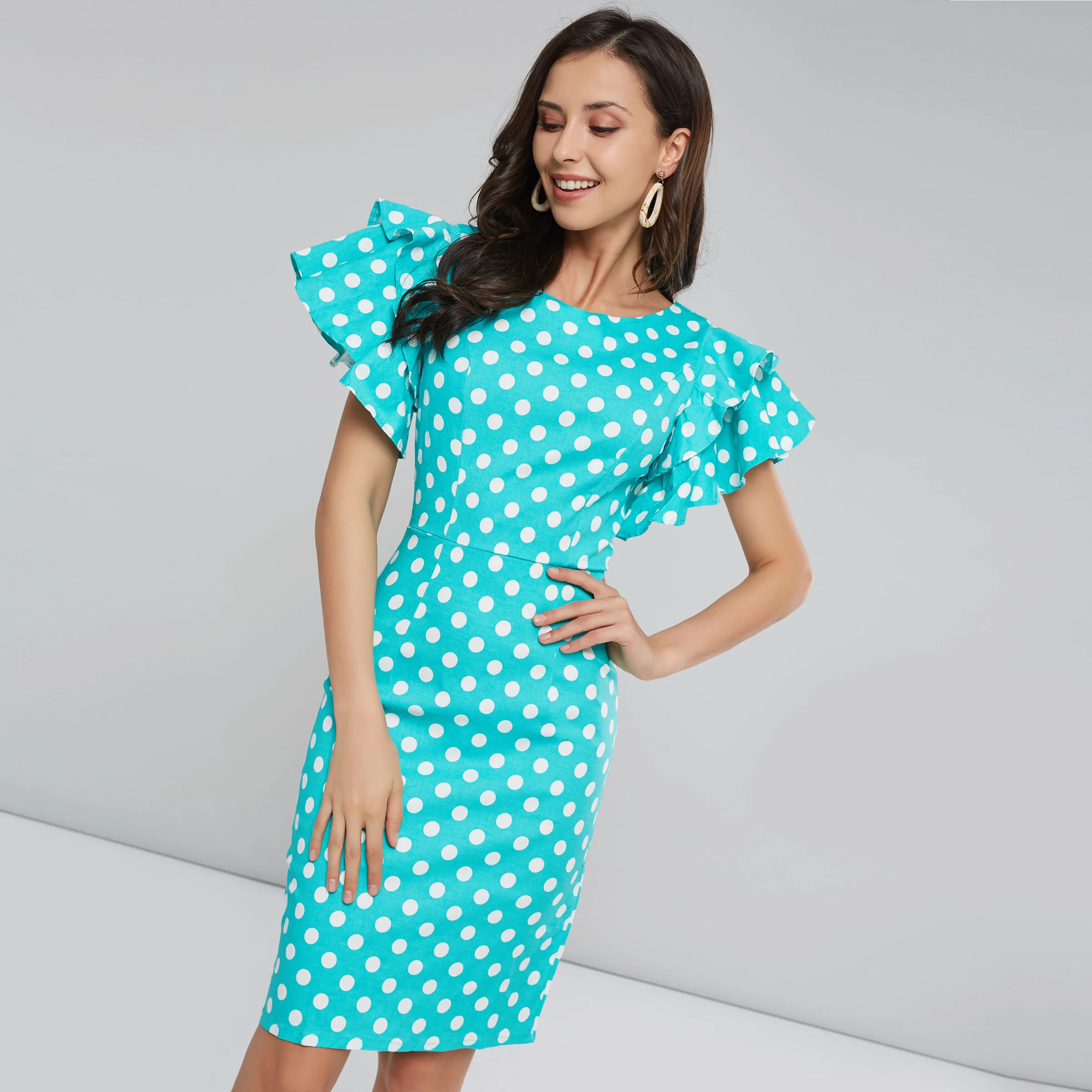 

New Retro Stylish Wave Point Bodycon Women Dress Round Neck Petal Short Sleeve Slim Pulllover Elegant Fashion Chic Ladies Dress
