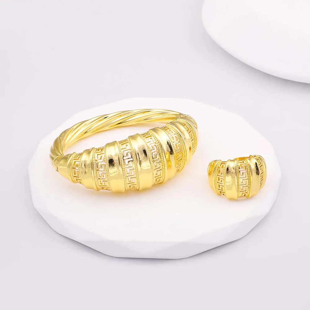 

Dubai 24K Gold Hollow Geometry Twisted Bangle Bracelet Finger Ring Jewelry Set Indian Nigerian Women Wedding Party Bride Gifts