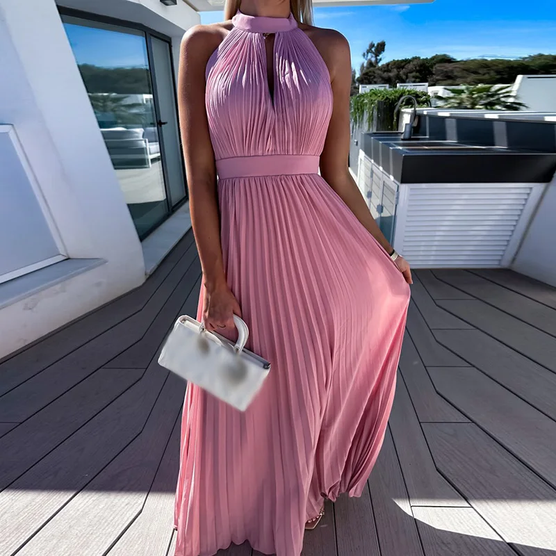 

Summer Sexy Holiday Beach Backless Pleated Long Dress Elegant Solid Party Dress Fashion Halter Hollow Out V-Neck Slim Maxi Dress