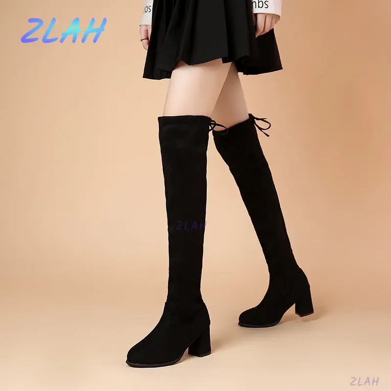 

New Suede Ladies Over The Knee Boots Lace Up Sexy High Heels Zlah Autumn Women's Shoes Winter Women's Boots Size 34-40