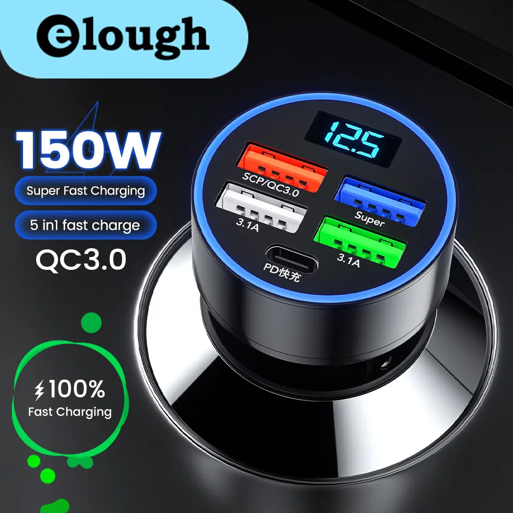 

Elough 150W/120W Car Charger Super Fast Charging PD QC 3.0 USB Type C Charger Adapter in car For iphone Huawei Samsung Xiaomi