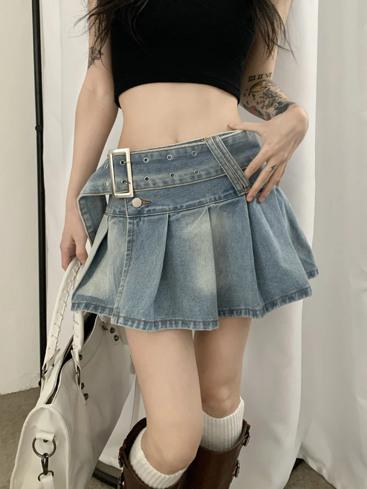 

HOUZHOU Pleated Denim Mini Skirt Women Vintage Y2k Summer Sexy Slit Belt Patchwork Low Waist Jean Skirt Casual Korean Streetwear