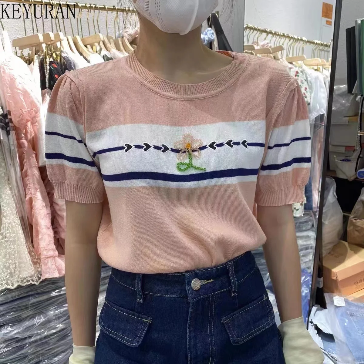 

2022 Summer French Puff Short Sleeve Ice Silk Knitted Sweater Women T-Shirt Contrast Color Striped Thin Casual Knitwear Top Tee