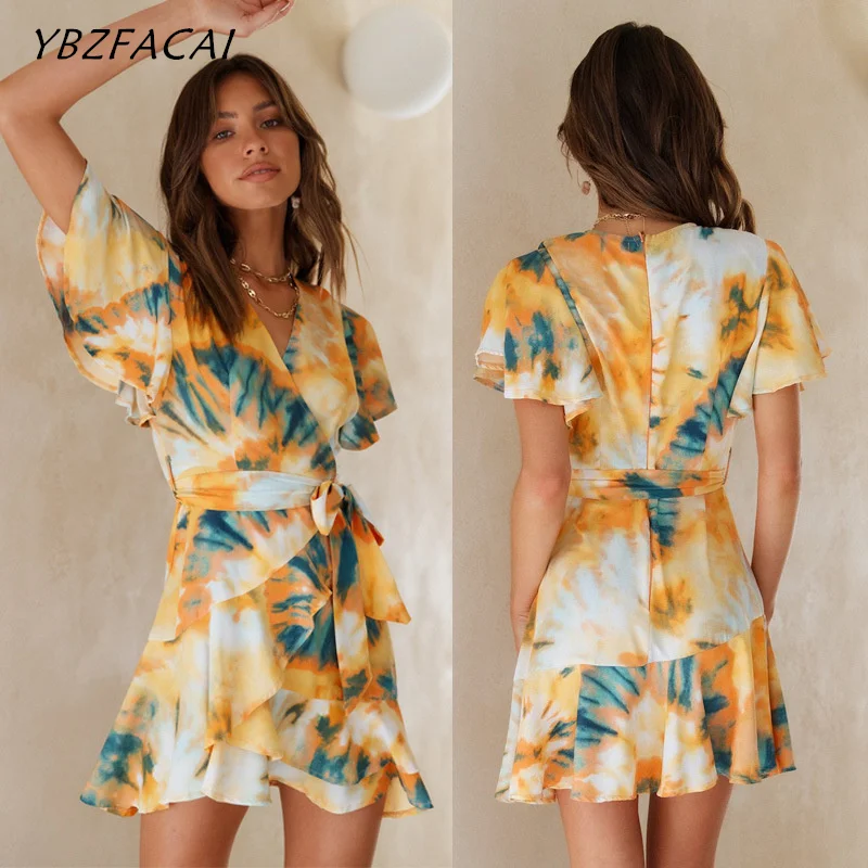 

Женский пуловер с коротким рукавом и принтом, удобное пляжное платье в богемном стиле с V-образным вырезом и ремешками на талии