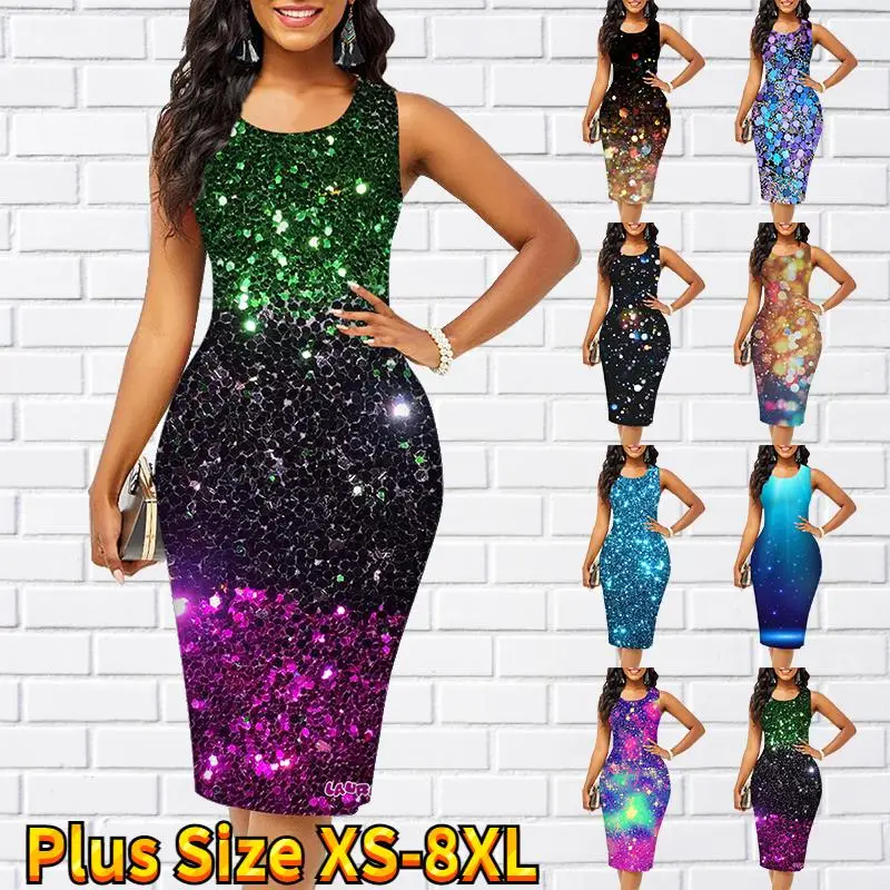 Women's Shift Sling Dress Diamond Galaxy Print Tight Sleeveless Slim Fashion Sexy Female Knee Length Skirts Vintage Clothing