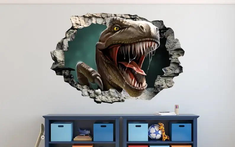

Dinosaur at Home 3D Wall Decal Smash Effect - Broken Wall Sticker - Vinyl Wall Decor - Decals for Walls - Stickers 3D Effect