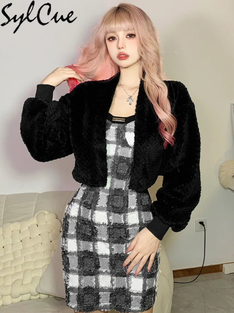 

Sylcue Solid Color Versatile Plush Intellectual Elegant Rich Autumn Winter Warm Simple Women's Cardigan Short Jacket Coat
