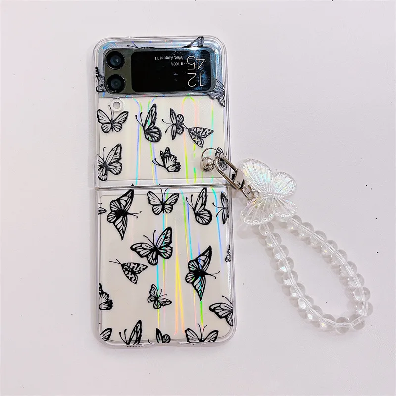

Personalized Butterfly Bead Chain Pendant Case for Samsung Galaxy Z Flip 3 5G PC Back Cover for ZFlip3 Case Protective Shell