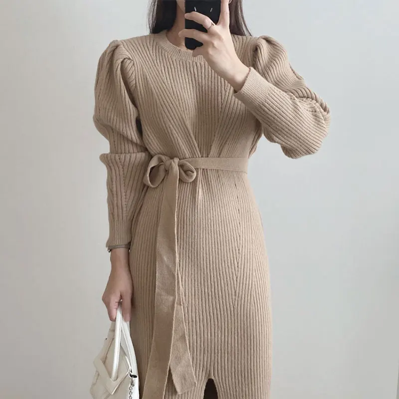 

Harajuku Khaki Knitted Dress Women Winter 2022 Lace-up Loose Knitwear Female Pullover Autumn Thicken Warm Knit Clothing