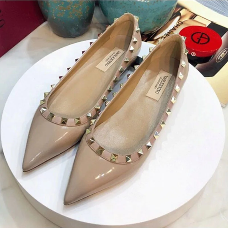 Luxury Brand Rivet Midsole Heel Shoes Leather Pointed Shallow Cut Flat Bottom Women's Shoes Versatile Fashion Women's Pumps33-41