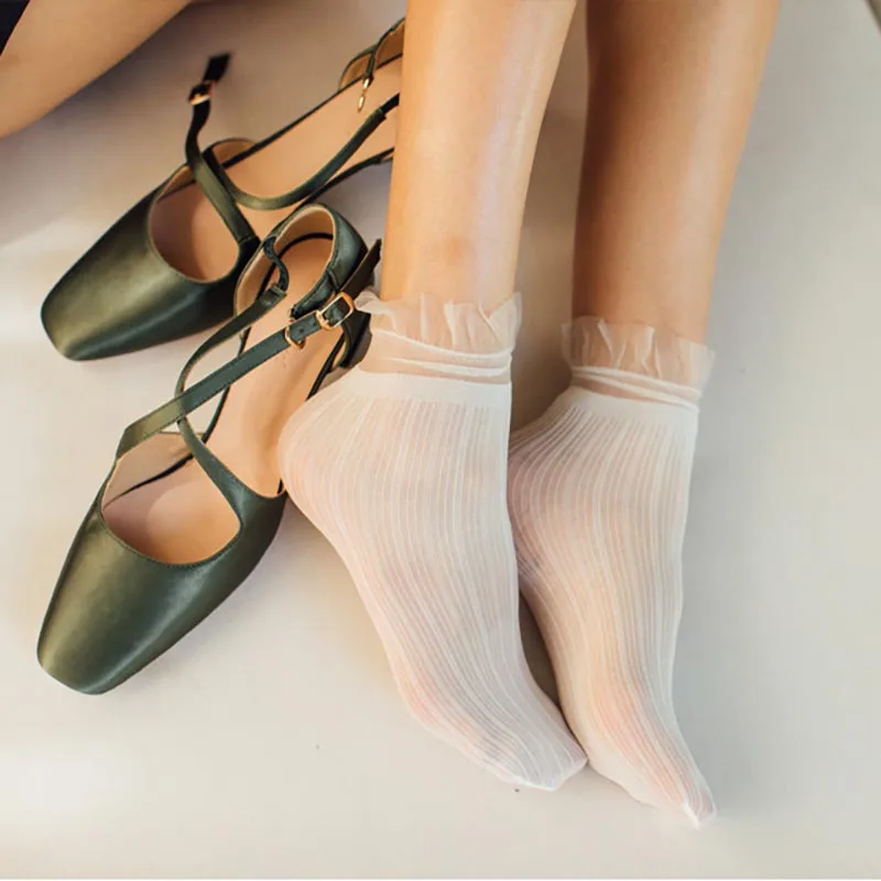 5 Pairs Spring Summer Velvet Silk Socks Women Lace Crystal Socks Soft Classic Ultrathin Comfortable Transparent Princess Socks