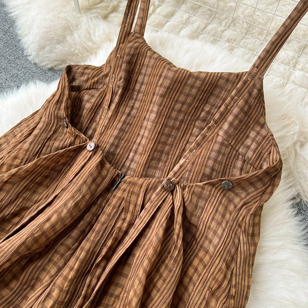 Clothland Women Chic Print Coffee Jumpsuit Sleeveless Backless Zipper Adjustable Straps Overall Susupender Trousers KA288