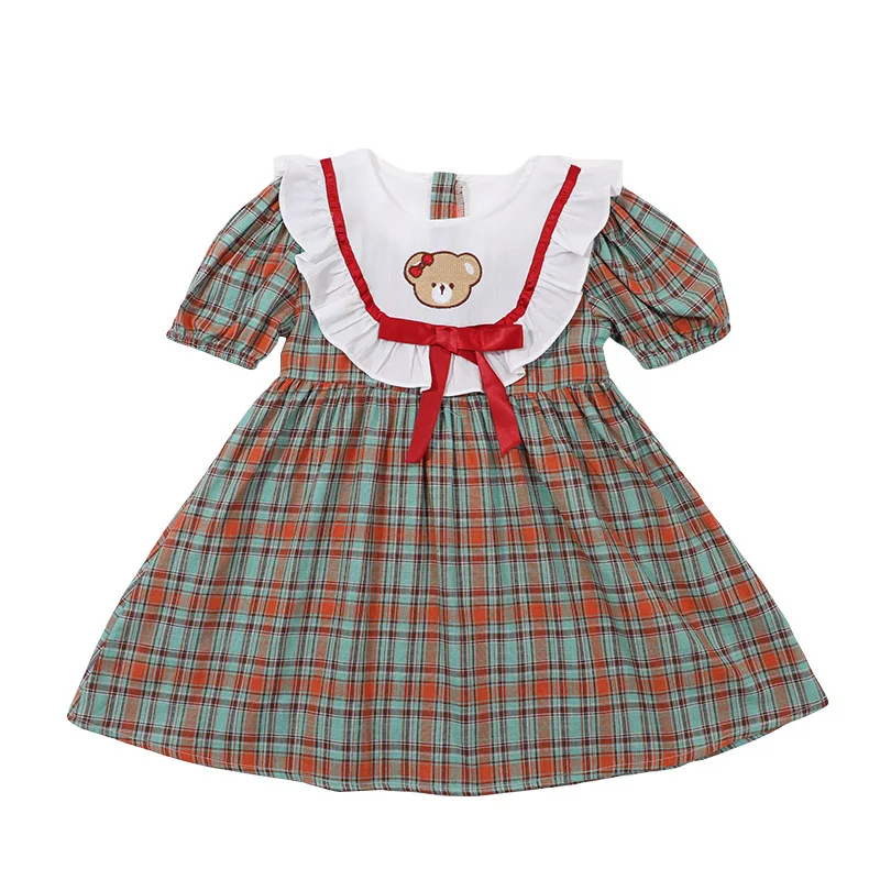 

Baby Girls Cute Bear Bow Plaid Dress Kids Summer New Puff Sleeve Casual A-Line Dresses y382