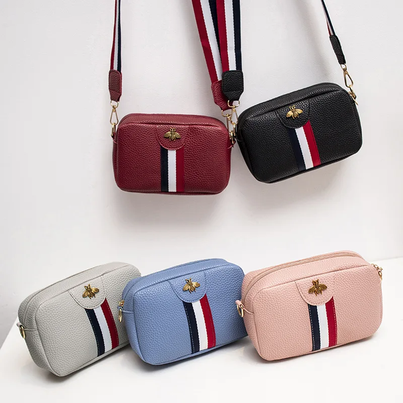 

2022 Fashion Women Small PU bag Famous Design Messenger Wide Strap Girls Shoulder Bee Mobile Phone Square Crossbody mini Bag
