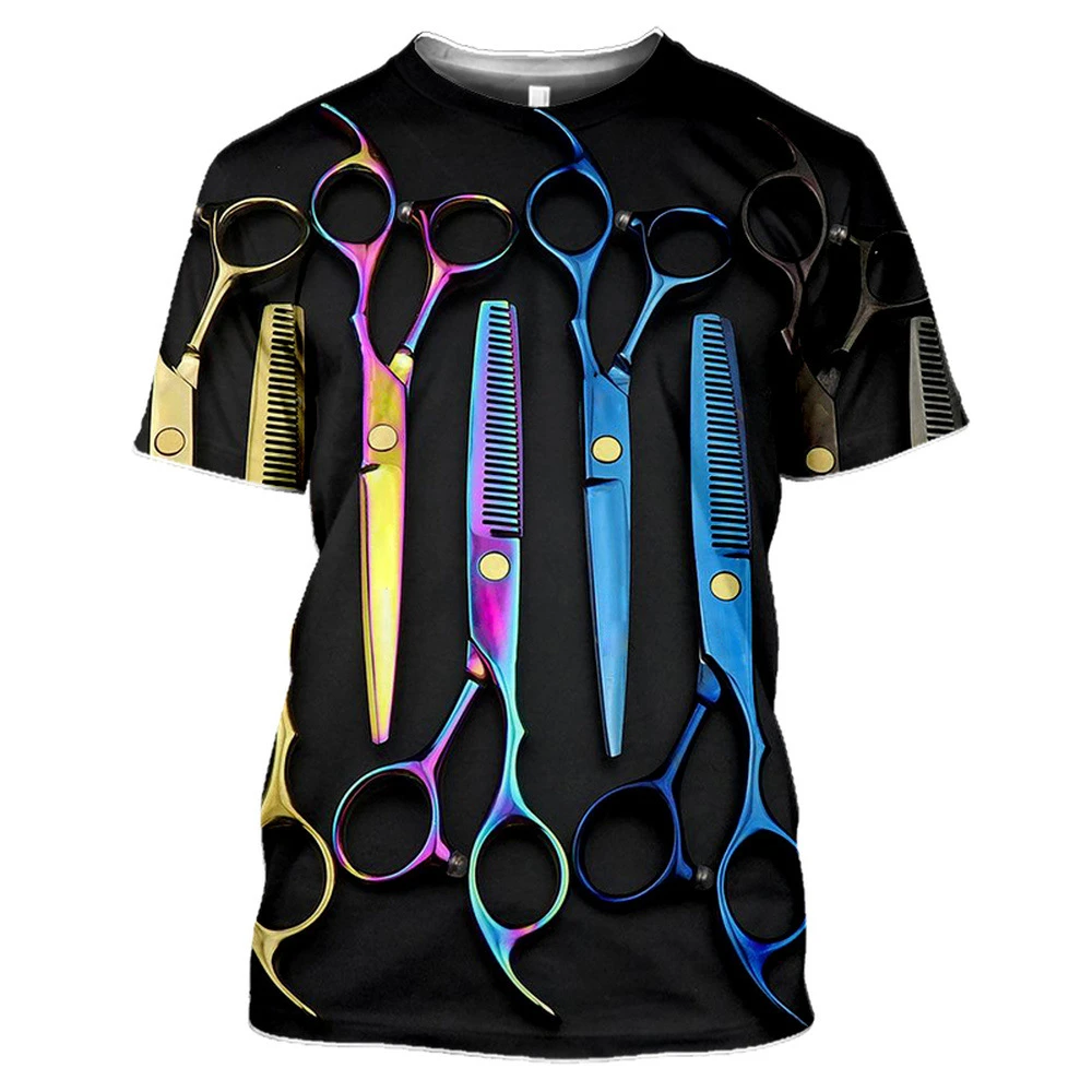 

Men's Retro Barber Tools Round Neck Short Sleeve Men's Summer 3DT Barber Scissors T Shirt