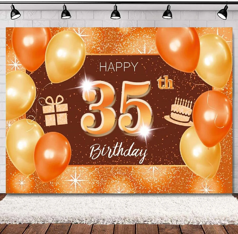 

Photography Backdrop Banner Orange Glitter Dots Balloons Happy 35 Years Old 35th Birthday Party Background Decoration Poster