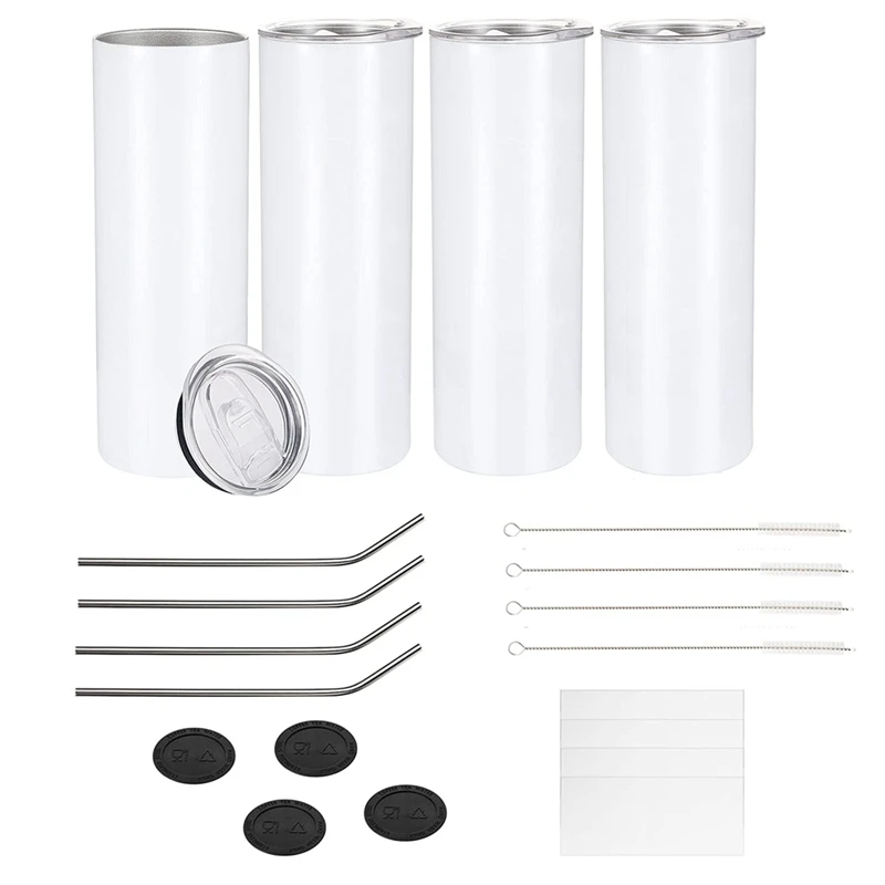 

4 Pack Sublimation Tumblers Bulk 20 Oz Skinny, Stainless Steel Double Wall Insulated Straight Sublimation Blanks