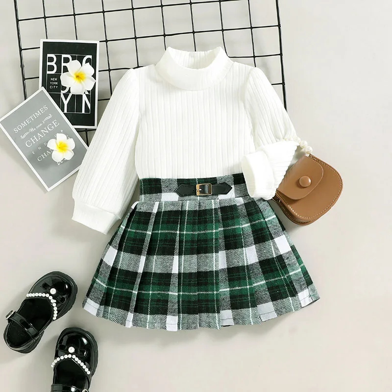 

0-4Y Fashion Little Girls Clothes Sets Long Sleeve Ribbed Tops+Plaid A-Line Skirt Toddler Toddler Clothing 2pcs