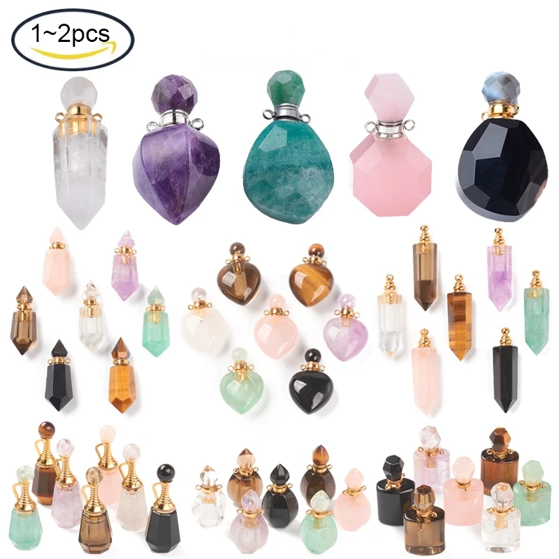 

1-2PC Faceted Natural Quartz Crystal Openable Perfume Bottle Pointed Pendants with Golden Plated 304 Stainless Steel Findings