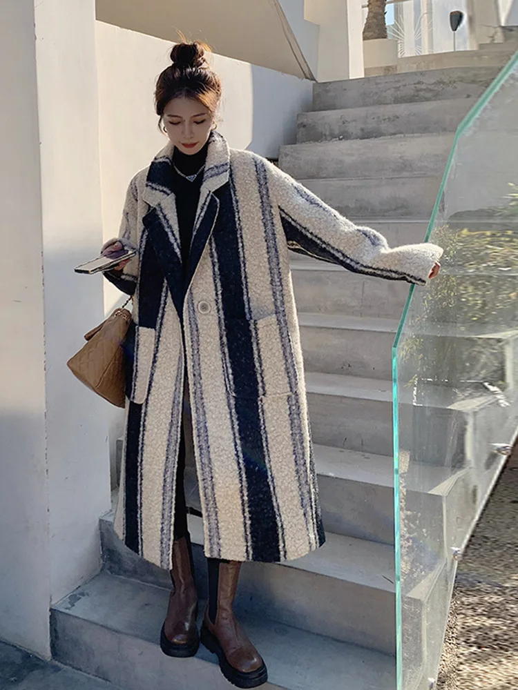 

SuperAen пальто из овечьей шерсти для женщин 2022 Новое Полосатое флисовое утолщенное хлопковое зимнее пальто в Корейском стиле для женщин