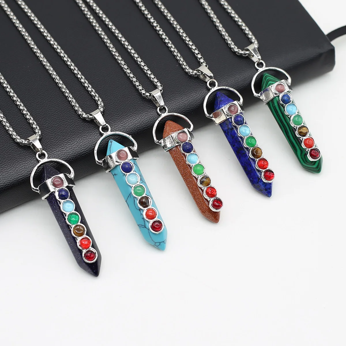 

Natural Stone Pendants Hexagonal Pillar Shape Crystal Quartz Agate Stone Charms Stainless Steel Chain for Jewelry Women Gift