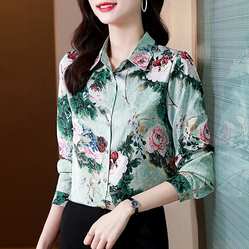 #1716 Woman Tops And Blouses Floral Print Satin Elegant Lady Tops Long Sleeve Korean Fasion Botton Office Lady Silk Shirt Tops