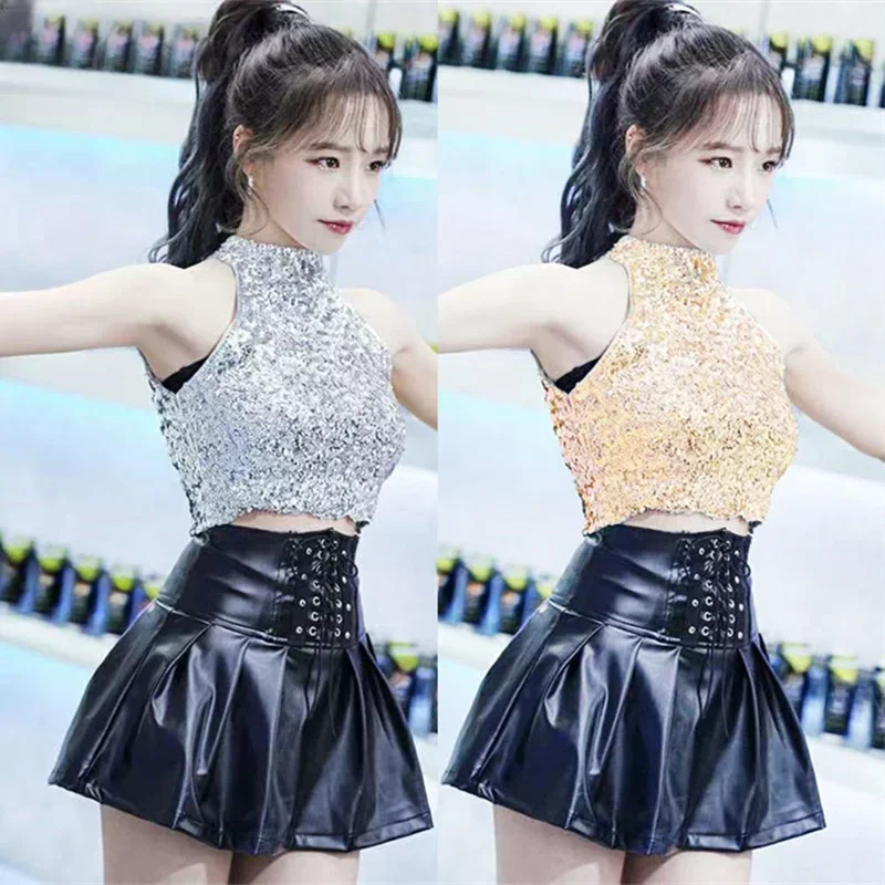 

Kpop Korean Singer Pole Dancing Sexy Sequin Halter Vest Crop Top Dancer Outfit Nightclub Girl Black Leather Skirt Stage Costume
