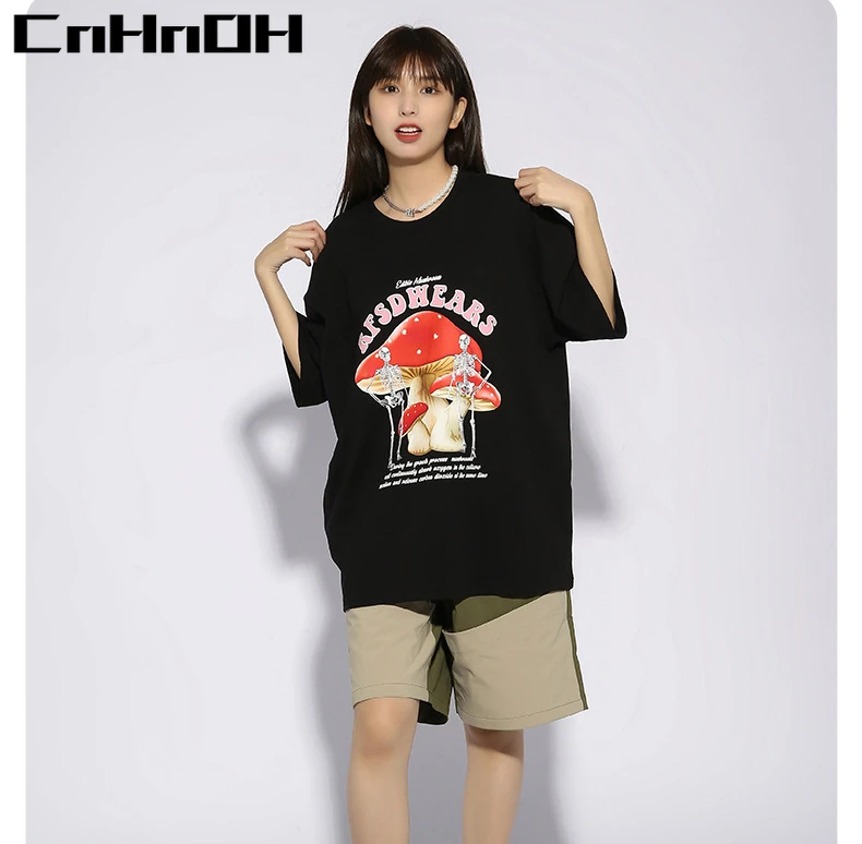 CnHnOH Streetwear Hiphop Women Tops Spring and Summer New Mushroom Print Short-sleeved T-shirt Creative Loose Couple Suit