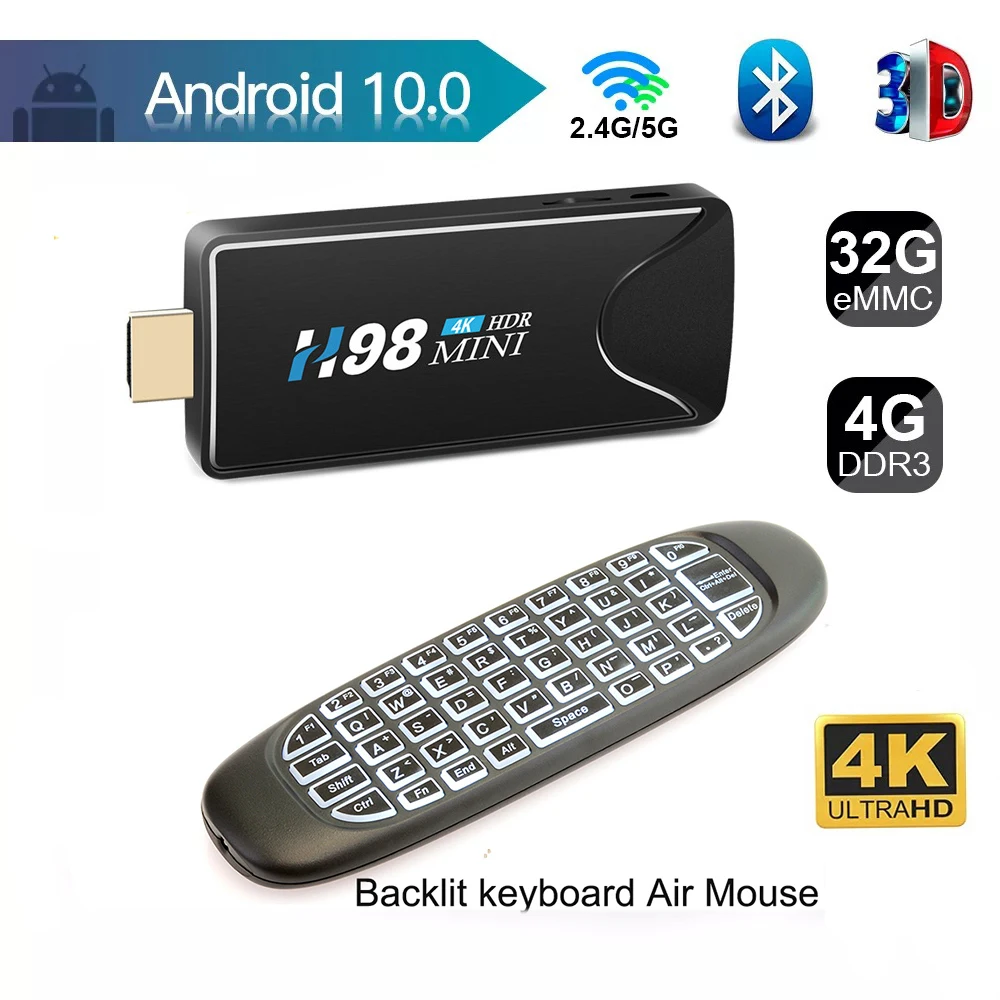 H98 Mini H616 четырехъядерный Android 10,0 Smart TV Stick 4 ГБ 32 ГБ WiFi 3D 4K H.265 Bluetooth TV Dongle W/ C120 клавиатура с подсветкой
