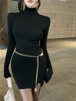 turtleneck knitting dress womens solid black tight long sleeve mini dress autumn and winter bottom women clothing